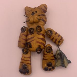 Fishing cat pin with fish brooch